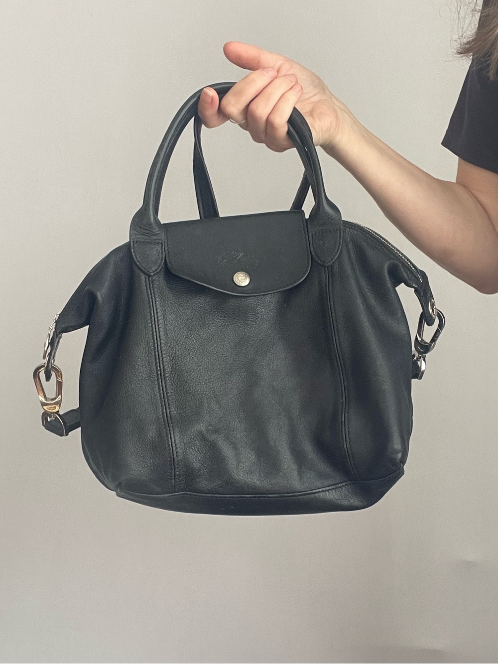 Longchamp Le Pliage Cuir Black Leather Top Handle Crossbody